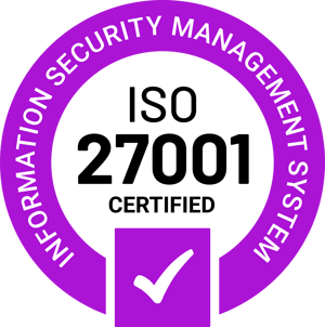 Formpipe purple branded ISO 27001 certified logo.