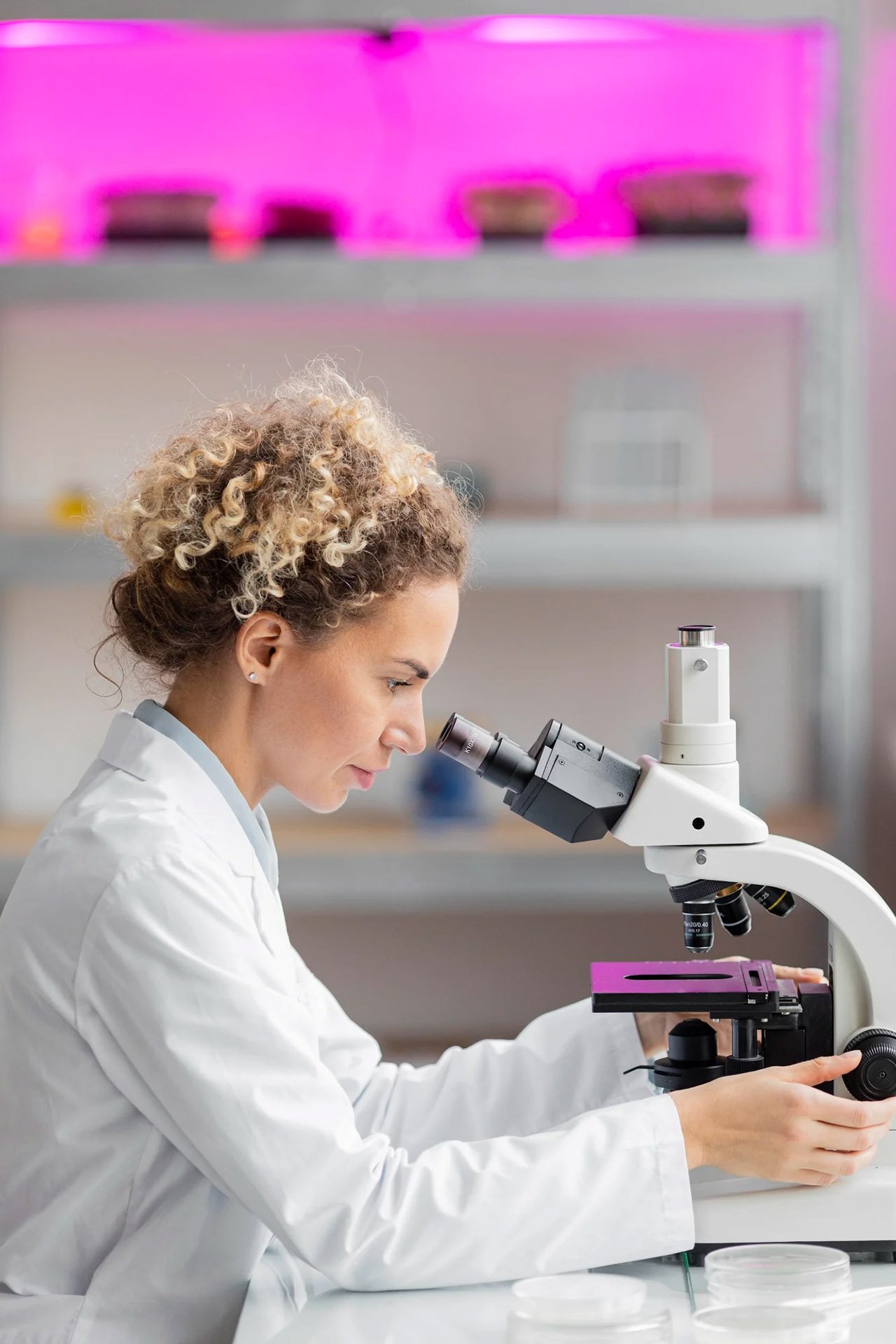 Female scientist in a lab coat looking through a microscope in a laboratory setting.