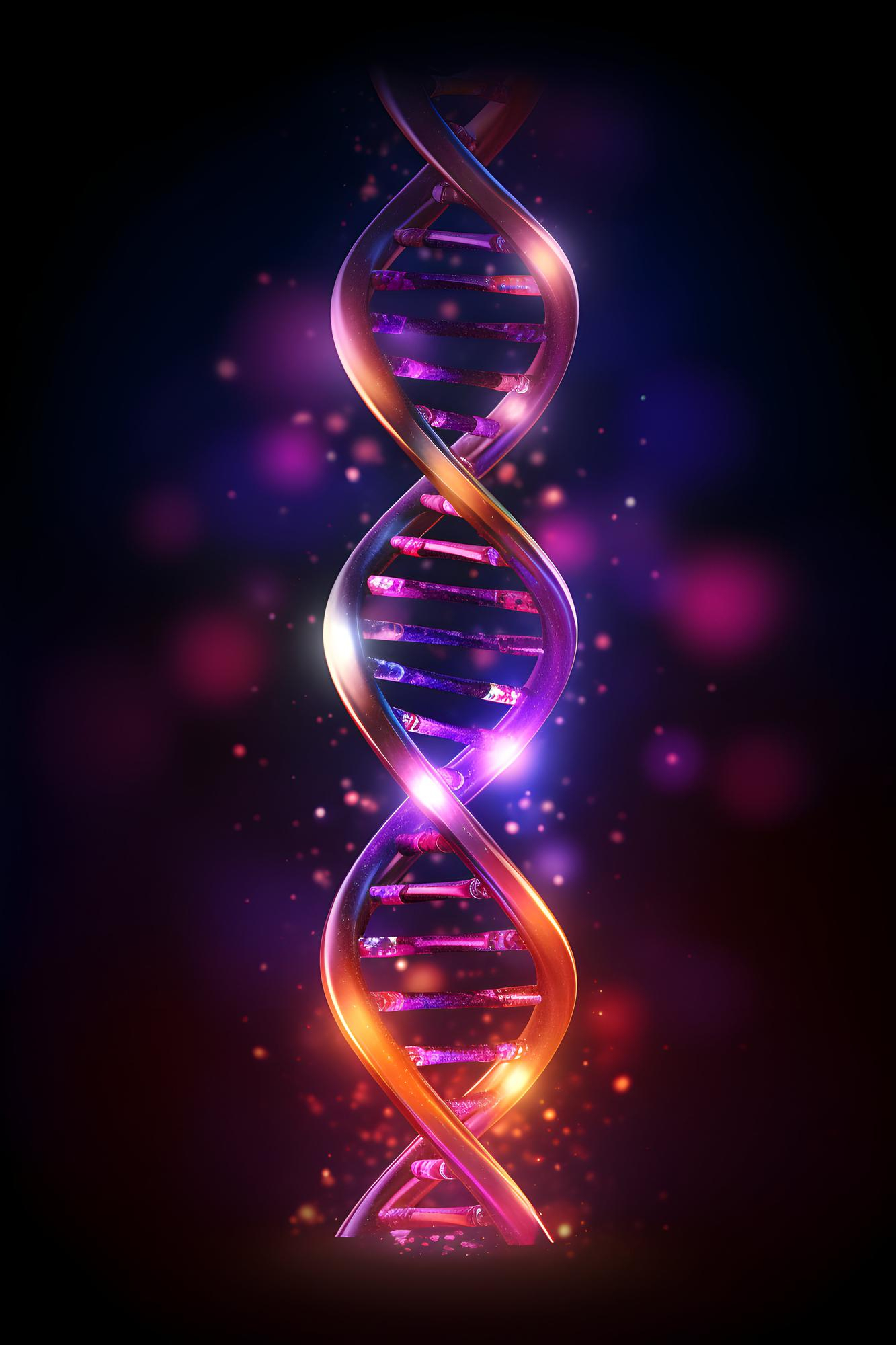 Glowing DNA double helix with vibrant purple and orange highlights on a dark background.