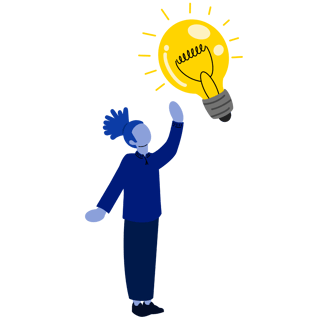 Illustration of a blue figure with a ponytail, reaching up towards a glowing yellow lightbulb.