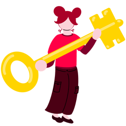 Illustration of a person with red hair, wearing a red shirt and brown pants, holding a large yellow key.