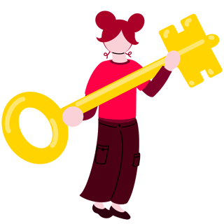Illustration of a person with red hair, wearing a red shirt and brown pants, holding a large yellow key.