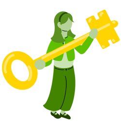 An illustration of a green-toned person holds a large yellow key, wearing green clothing.