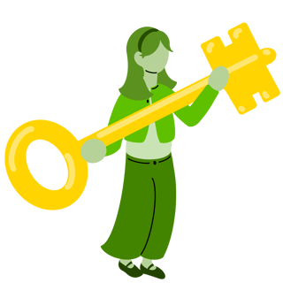 An illustration of a green-toned person holds a large yellow key, wearing green clothing.