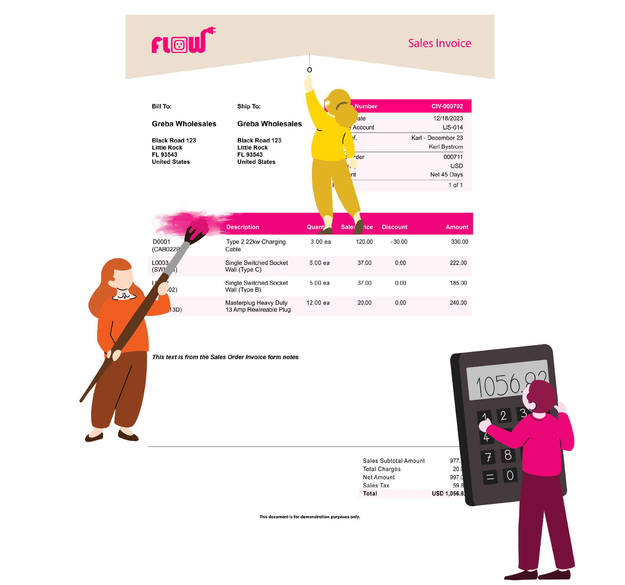 Illustration of a sales invoice with decorative characters; one paints, the other uses a giant calculator. The invoice details various product sales.