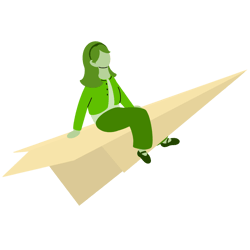 Illustration of a person in green attire sitting on a yellow paper airplane.