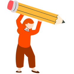 Illustration of a person in red and brown attire holding a large yellow pencil overhead.