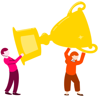 Two stylized figures hold an oversized yellow trophy together. One wears a pink outfit; the other, orange and red, expressing teamwork and achievement.