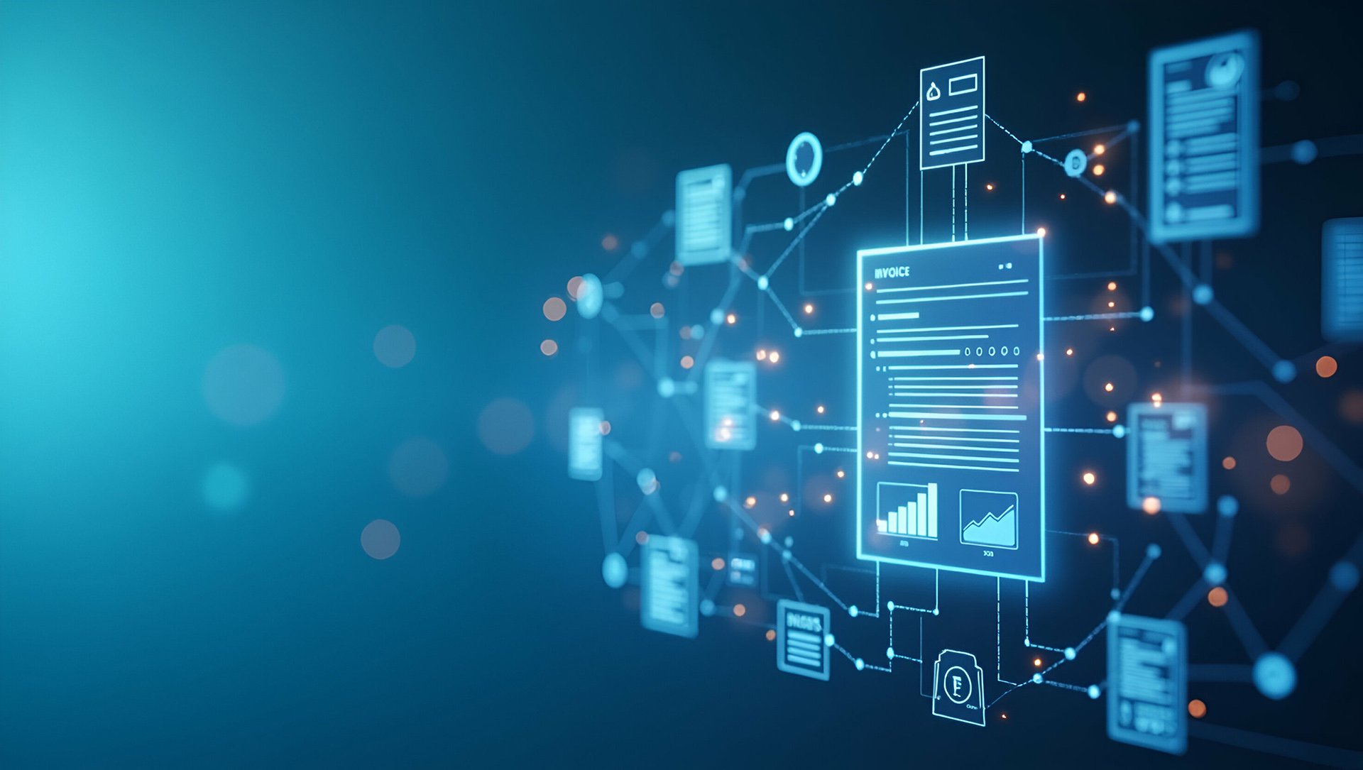 A digital representation of interconnected invoices and documents, showcasing data flow and financial analytics against a blue backdrop.