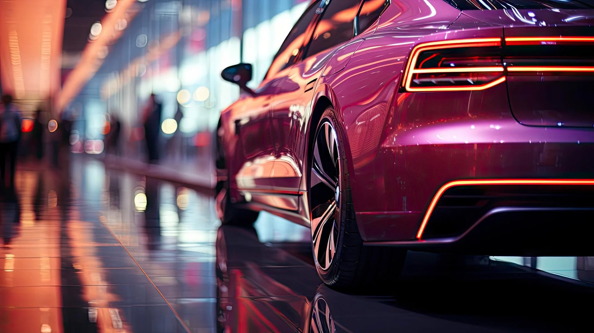 Rear view of a shiny red sports car with illuminated taillights in a modern showroom with reflective flooring.
