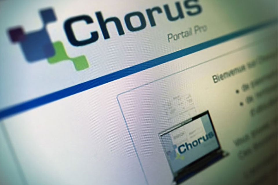 Close-up of the Chorus Portal Pro homepage, featuring the logo and welcome message in a sleek, modern design.