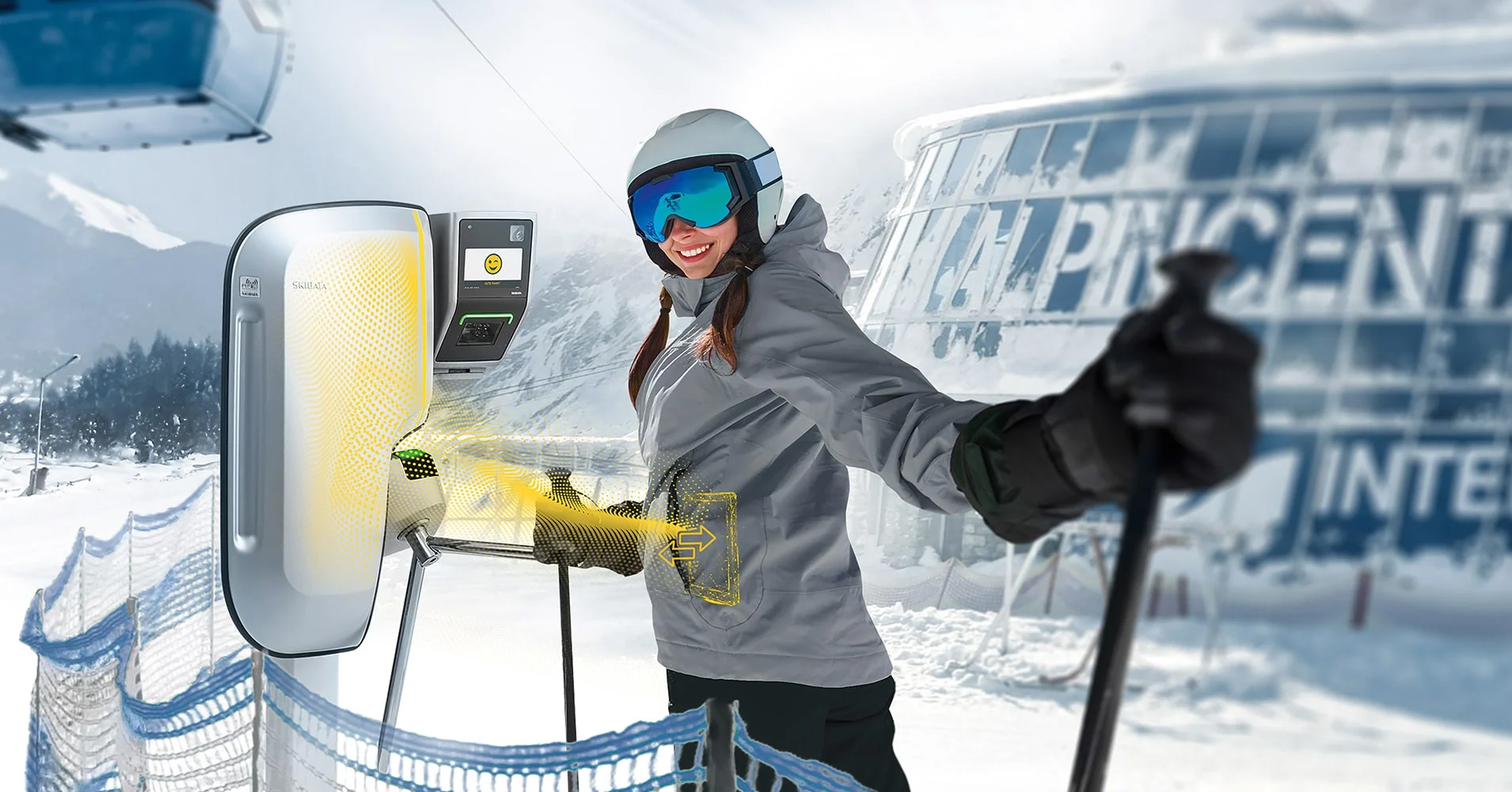 Female skier using contactless access gate at a snowy mountain ski resort.