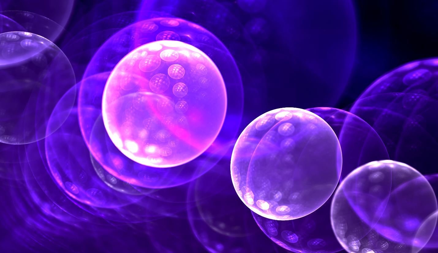 Abstract purple illustration of translucent cells under a microscope.