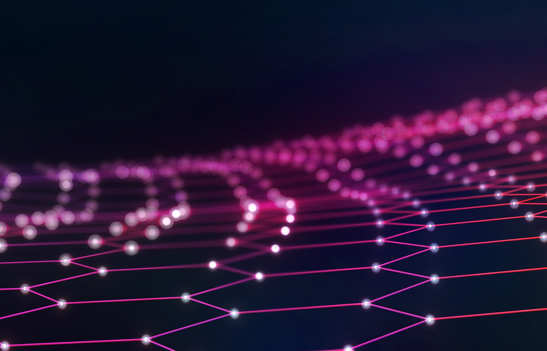 Eine digitale Landschaft mit miteinander verbundenen leuchtenden Punkten auf rosafarbenen Linien, die ein fließendes Gittermuster vor einem dunklen Hintergrund bilden, das ein futuristisches Gefühl vermittelt.