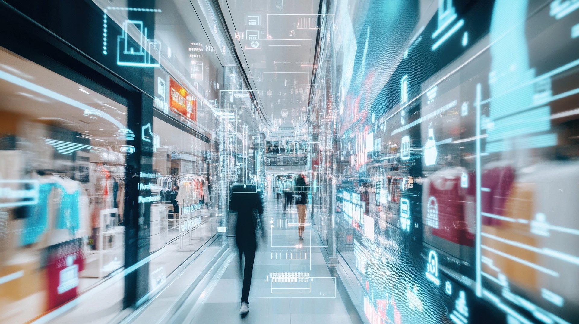 Blurred futuristic shopping mall scene with digital overlays and glowing data graphics, evoking a high-tech, fast-paced commercial environment.