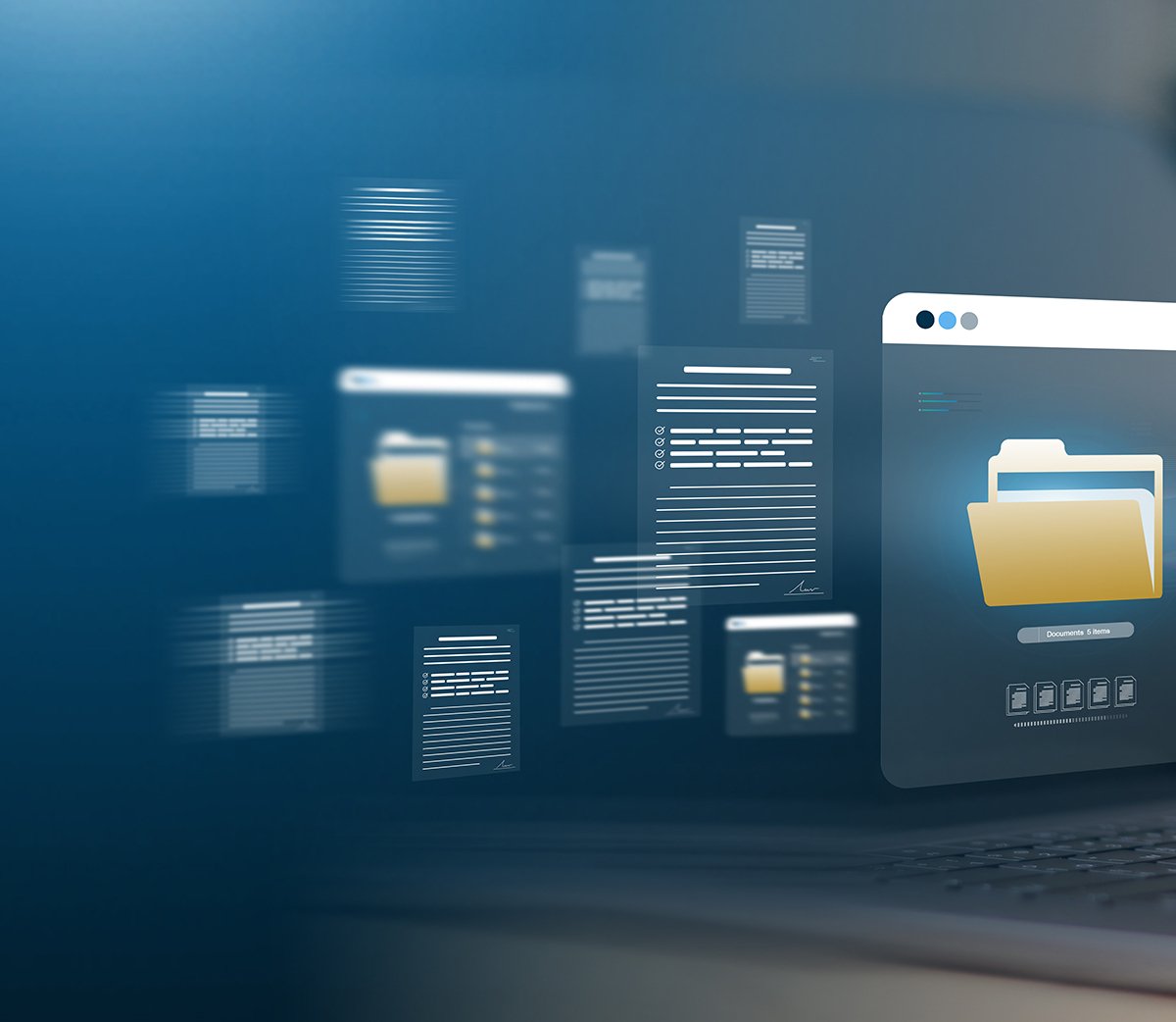 A digital interface displaying floating documents and a highlighted folder, symbolizing file management and organization.