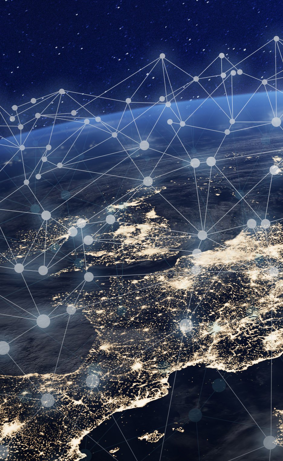 Aerial view of Europe at night, showcasing city lights interconnected by a digital network overlay, symbolizing global connectivity.