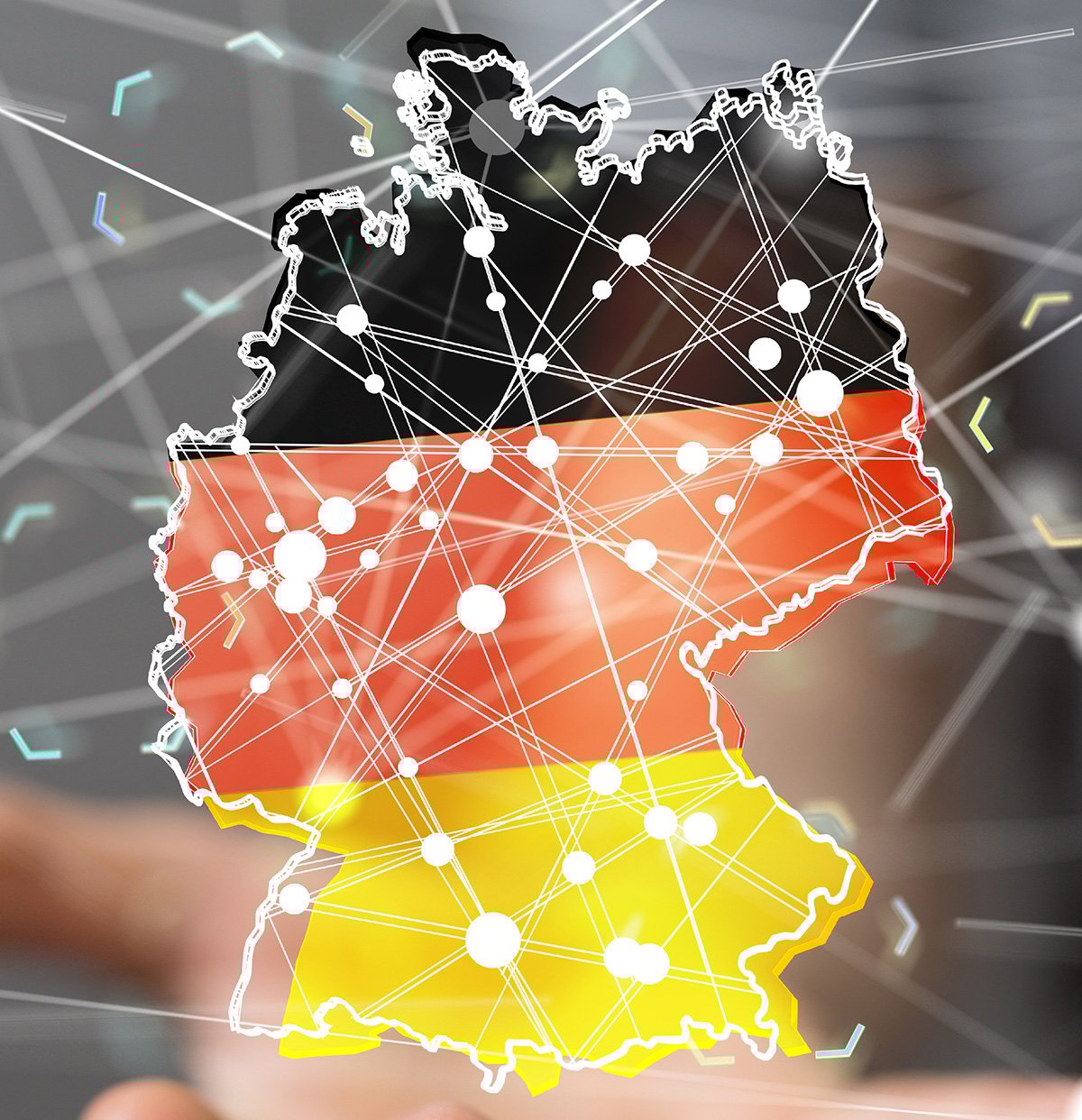 Stylized map of Germany filled with the national flag colors, overlaid with network connections and nodes symbolizing digital connectivity.