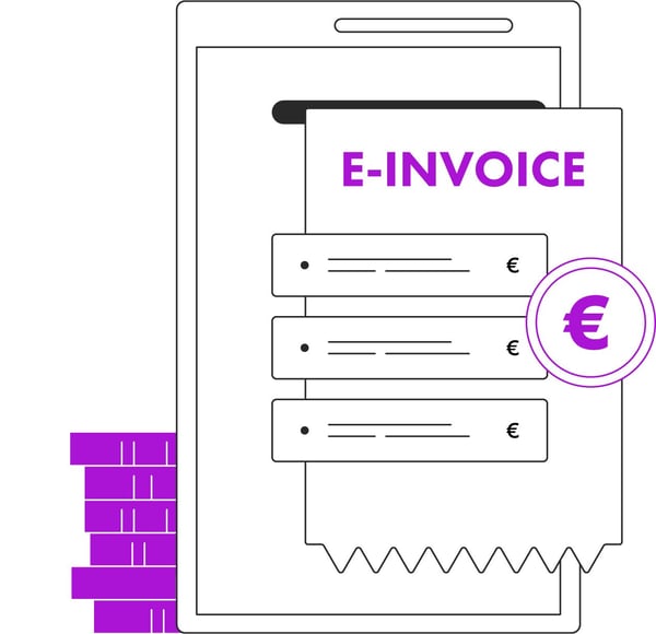 Digital smartphone displaying an e-invoice with itemized costs and an € symbol, surrounded by stacks of purple currency.