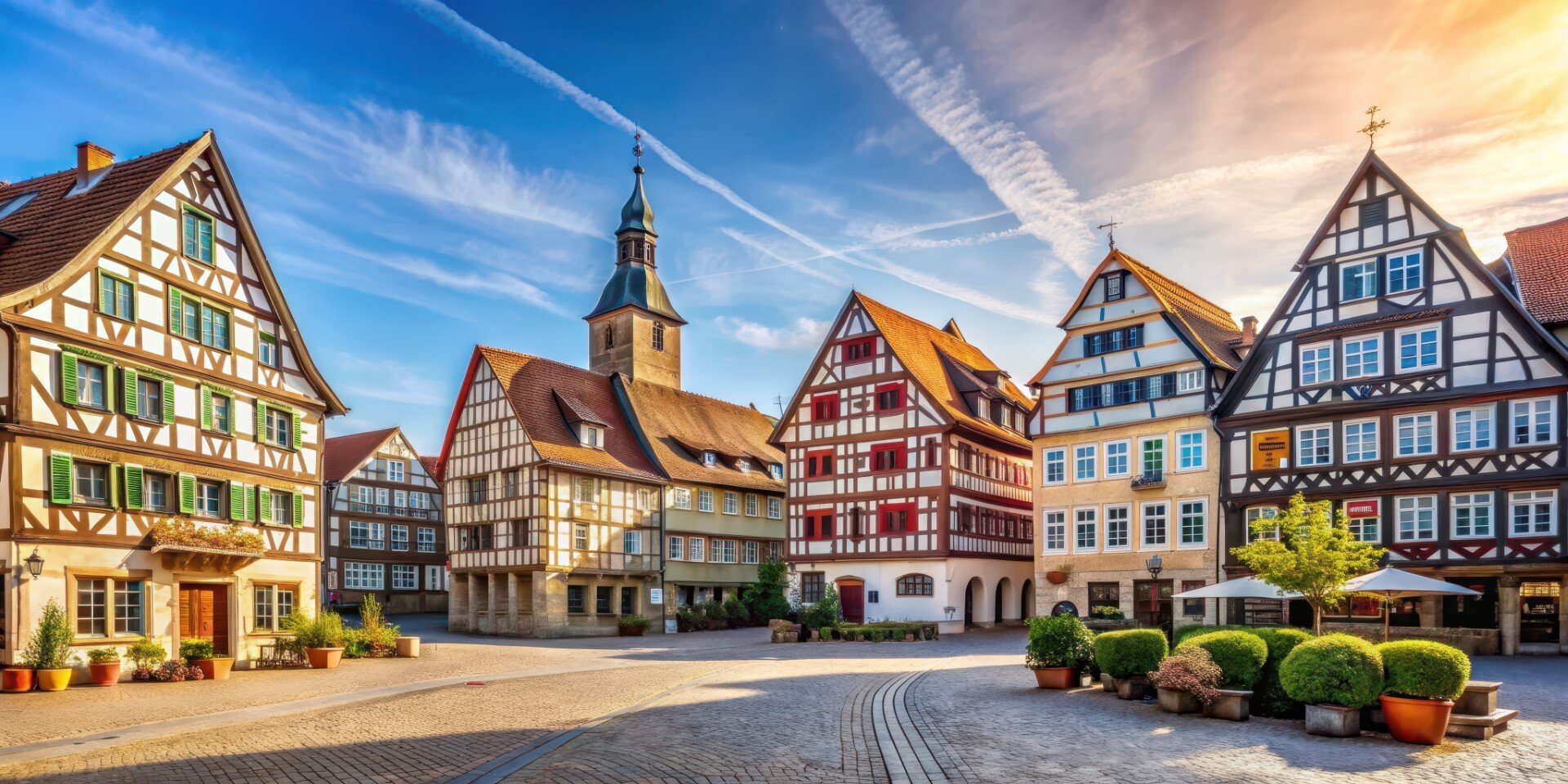 Charming medieval town square with colorful half-timbered houses and a church under a vibrant sky, blue and orange hues highlighting the quaint architecture.