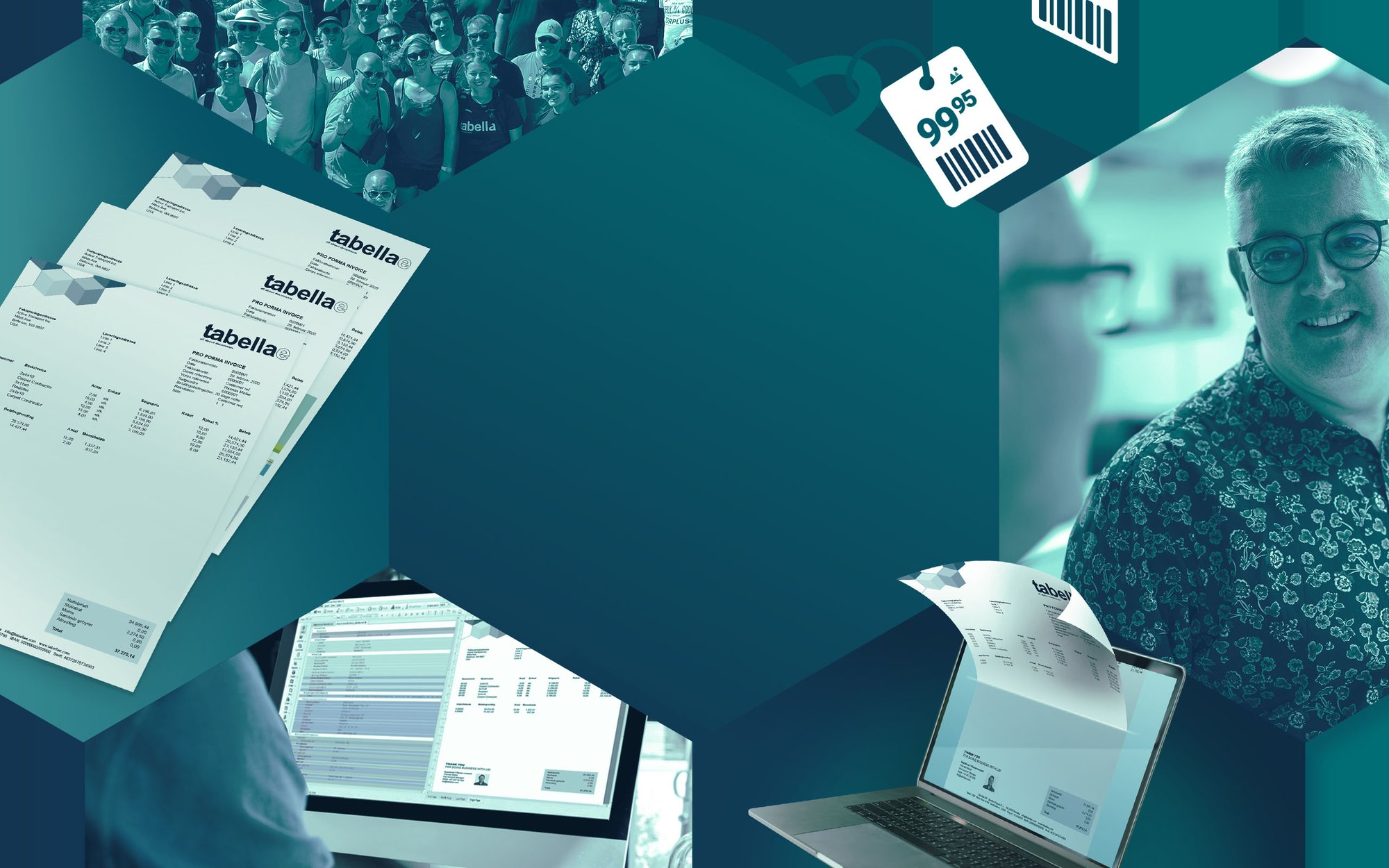 Collage of documents and people.