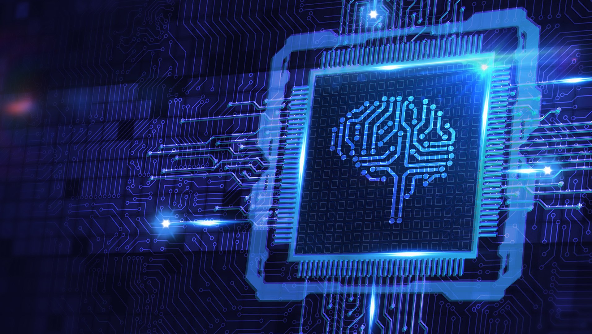 A digital circuit board with a glowing microchip design, featuring a stylized brain pattern, set against a dark blue background.