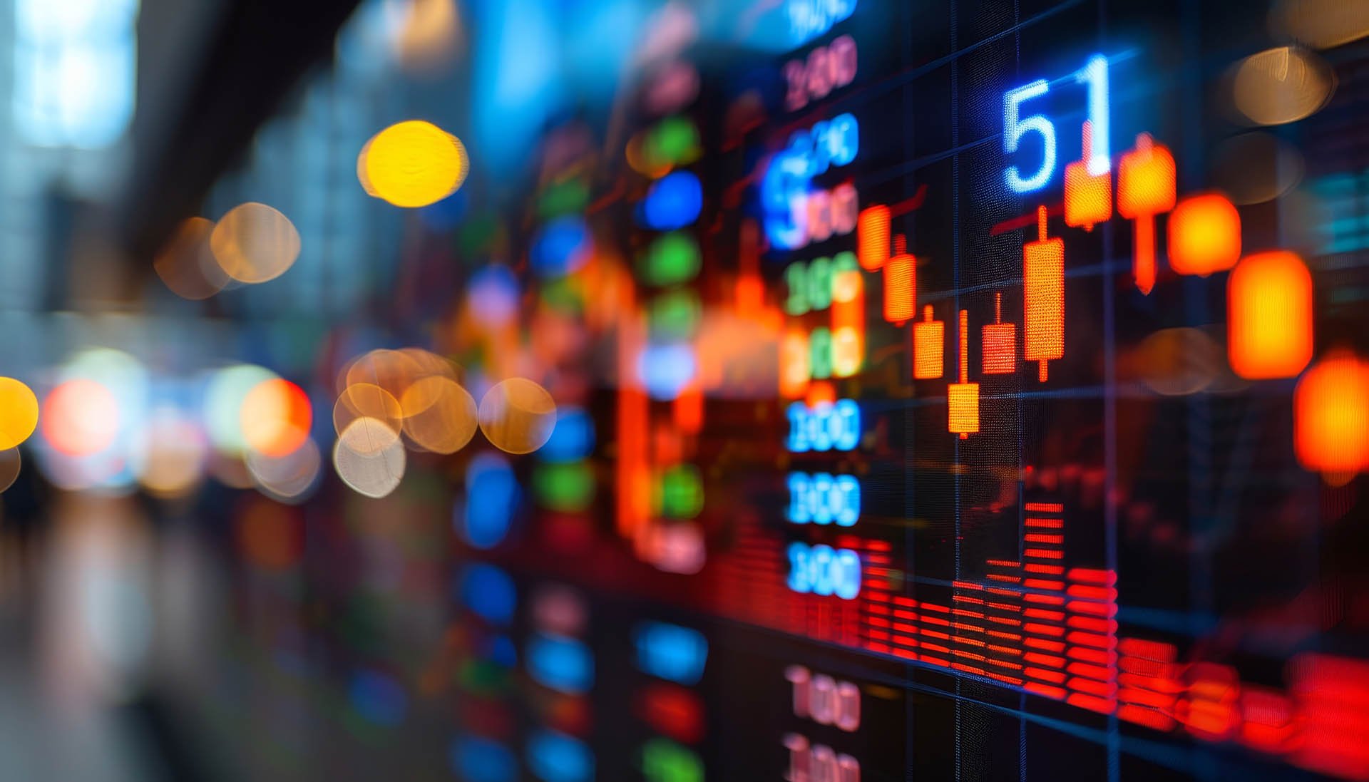 A close-up of a digital stock market display showing colorful candlestick charts, numbers, and dynamic data against a blurred background.
