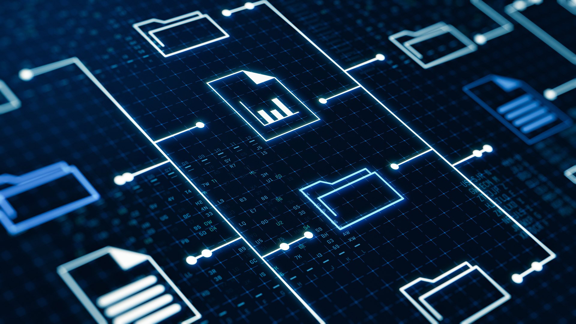 A digital illustration showing glowing file and document icons connected by lines, representing data sharing or a networked file system on a dark grid background.