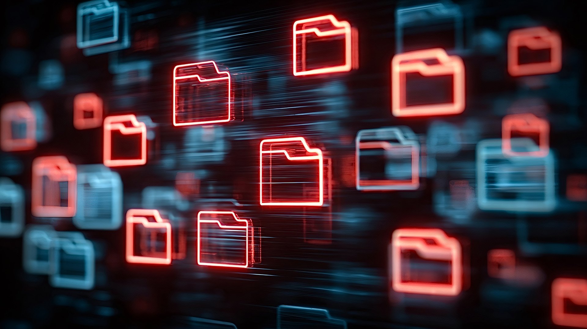 A digital abstract background featuring glowing red and blue folder icons, symbolizing data storage and organization.