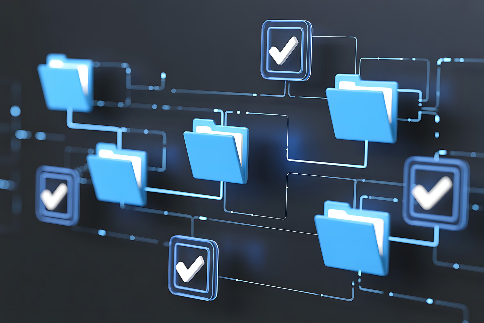 A digital network of blue folder icons connected by lines, featuring checkmarks, representing an organized file system.