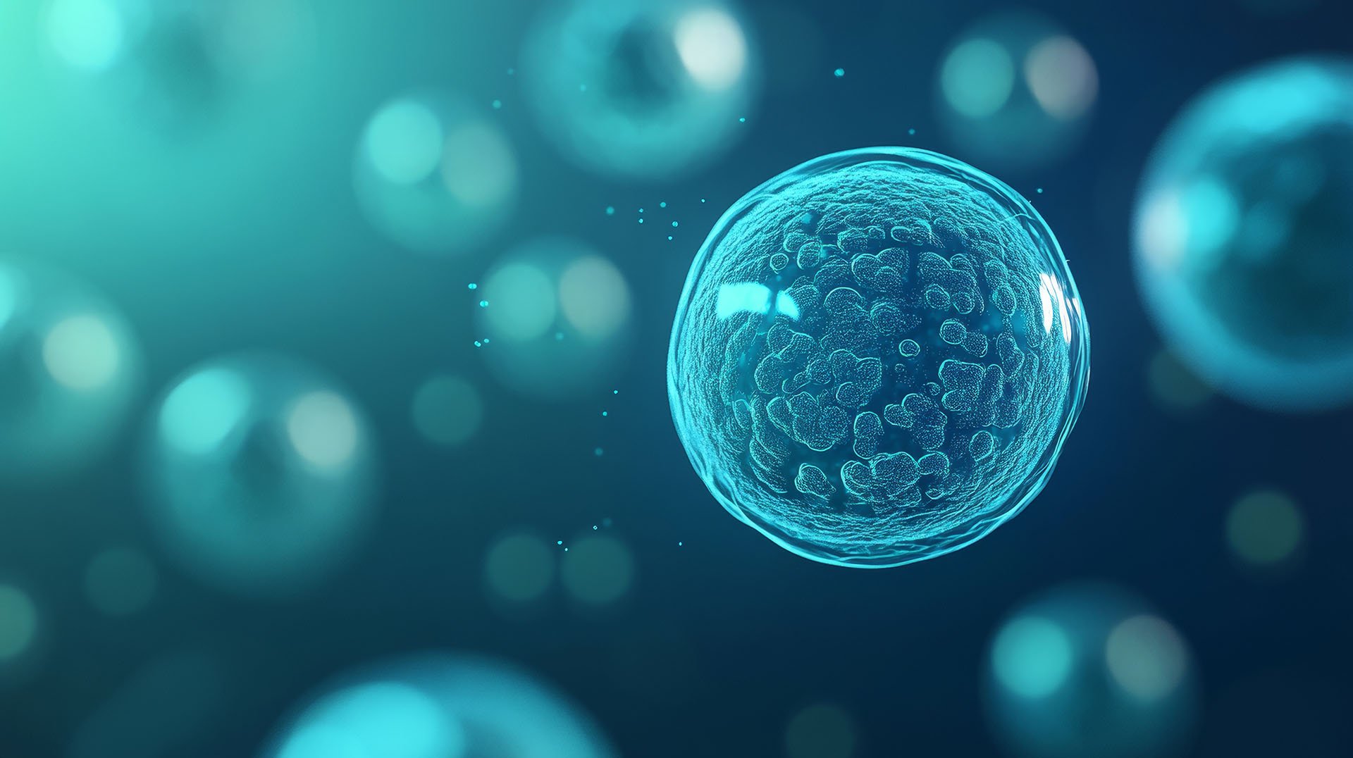A close-up of a 3D cell, surrounded by glowing, blurred orbs, against a soft blue and green background.