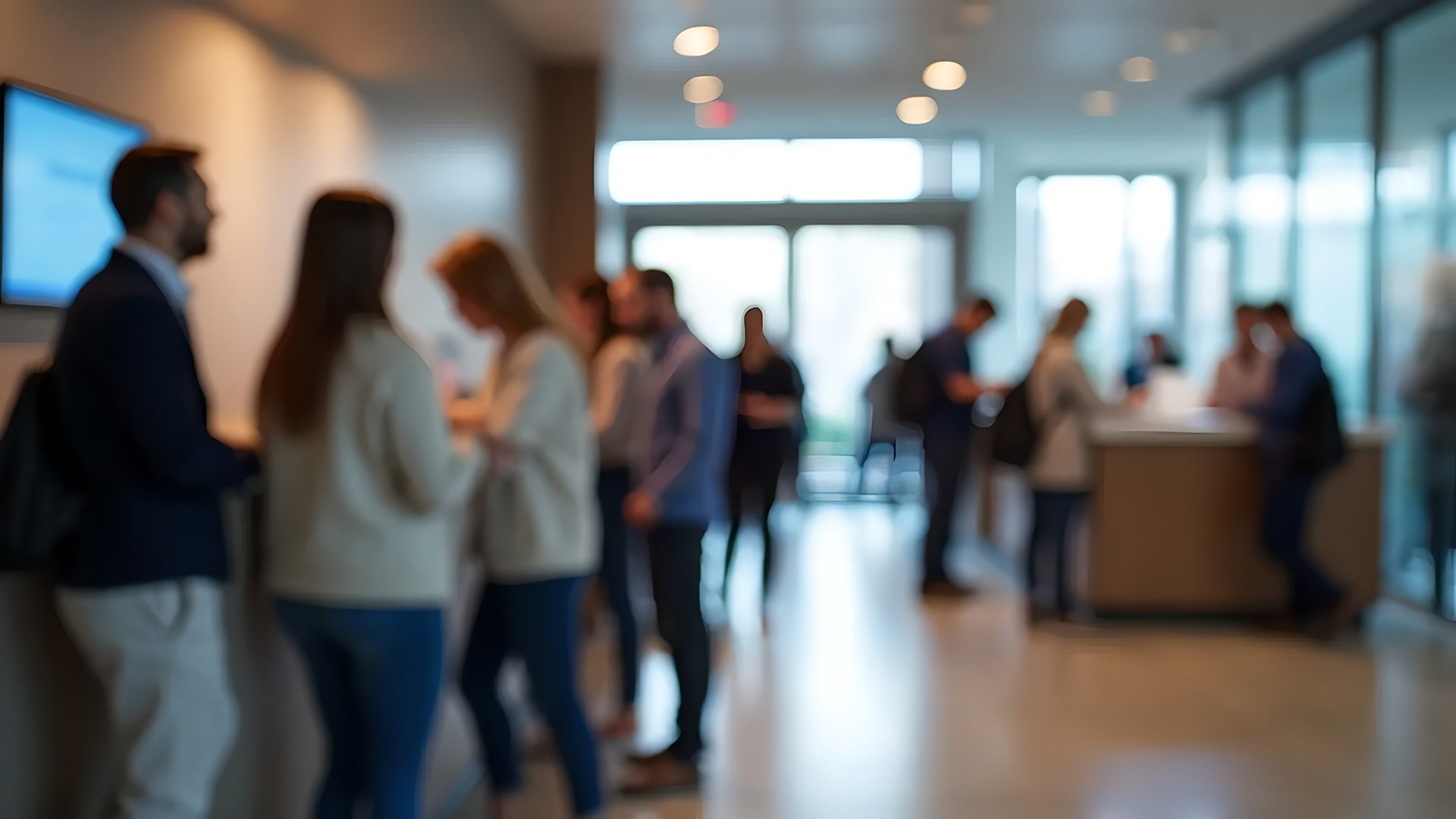 A blurred image of a busy reception area with people engaging in conversation and checking in at a front desk.