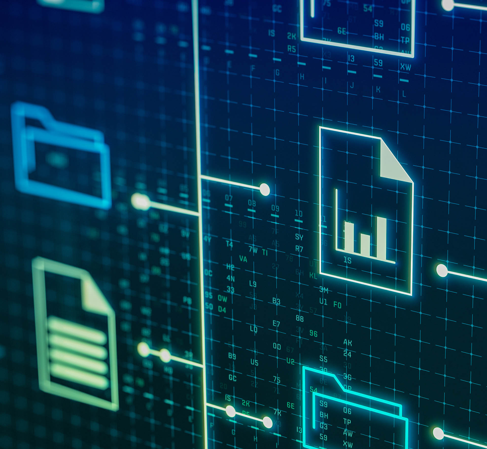 Digital graphic displaying luminous icons of folders and documents on a grid background, symbolizing data management and technology. Cool blue and green tones convey a futuristic feel.